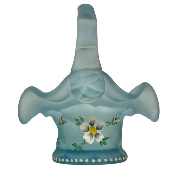 Vintage Fenton Art Glass Blue Satin Georgian Miniature Basket Hand Painted